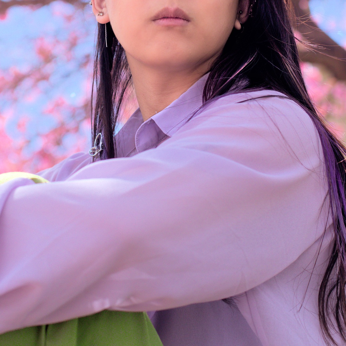 Honey sitting in front of some pink flower trees